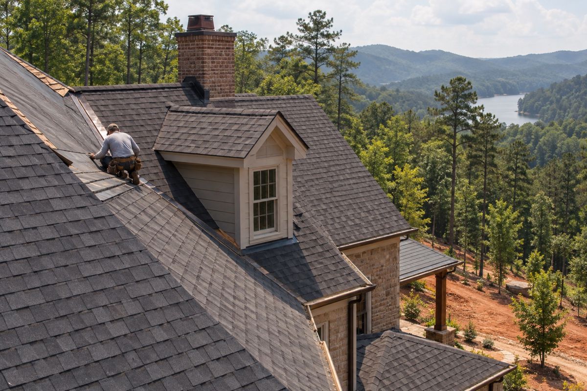 Complex roofline with valleys, dormer and chimney during shingle installation
