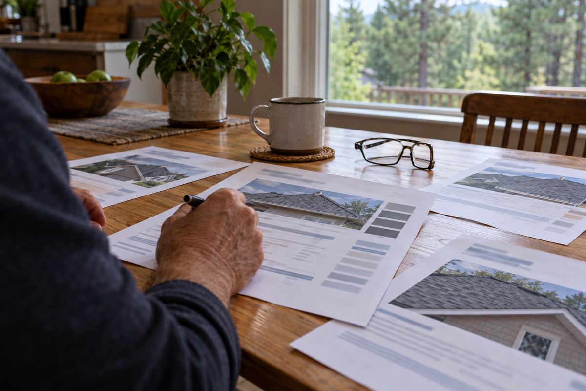 Hand reviewing several printed roofing quotes at a kitchen table