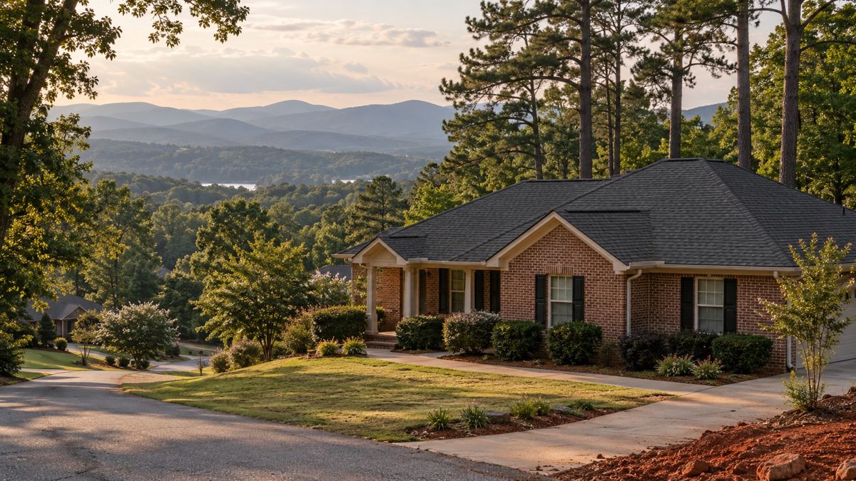 Brick ranch house with a new charcoal shingle roof and foothills behind