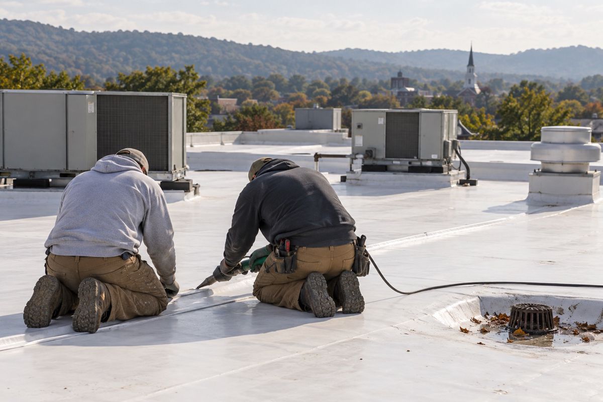 Roofers welding a seam on a flat white commercial roof