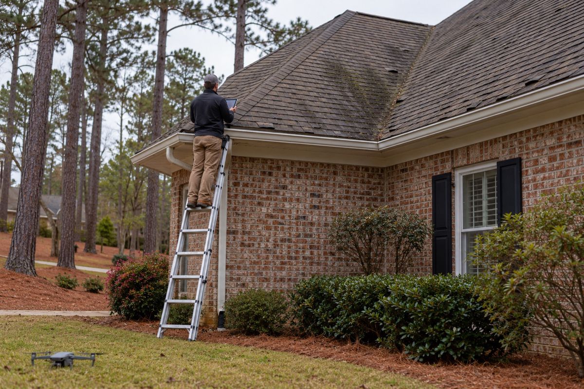 Inspector on a ladder checking an older shingle roof with algae streaks