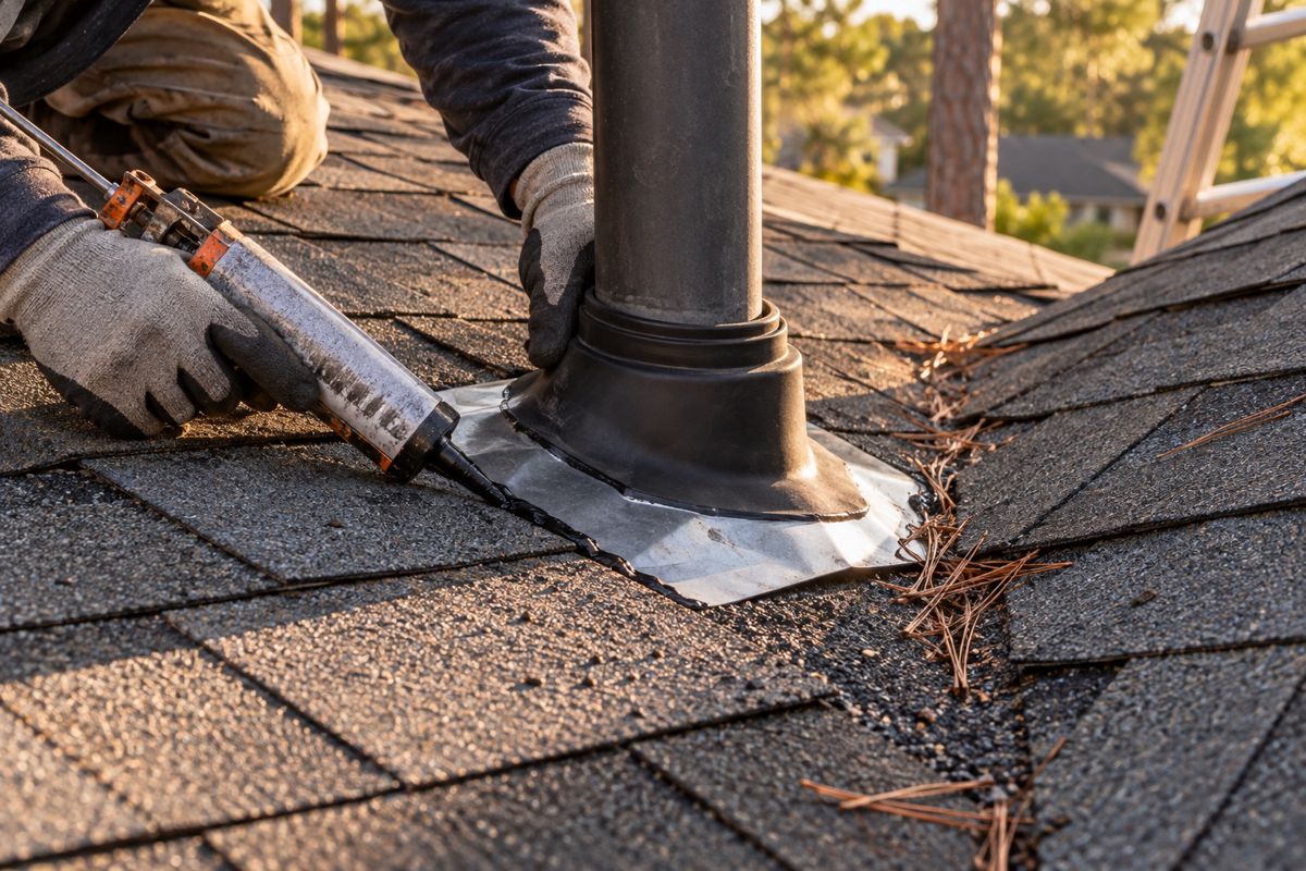 Gloved hands repairing a pipe boot and flashing on a shingle roof