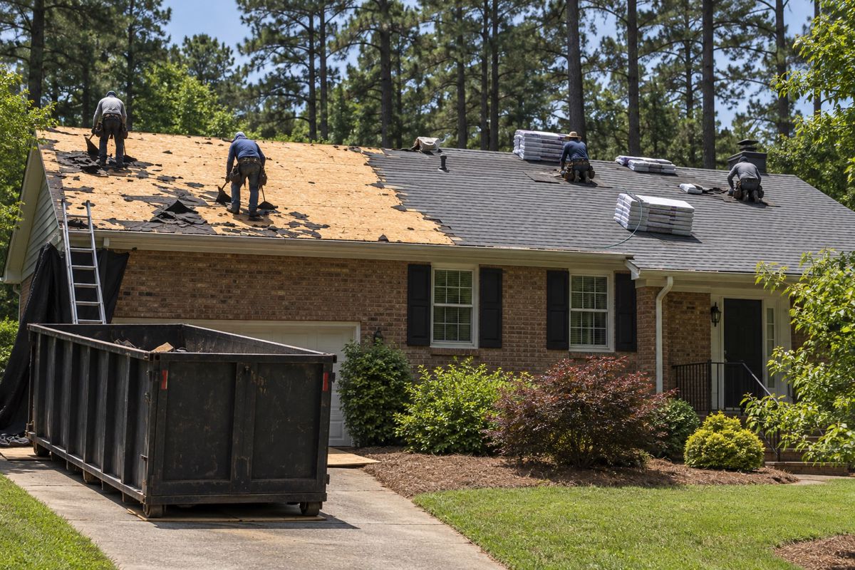 Half-finished roof replacement on a brick house with new gray shingles
