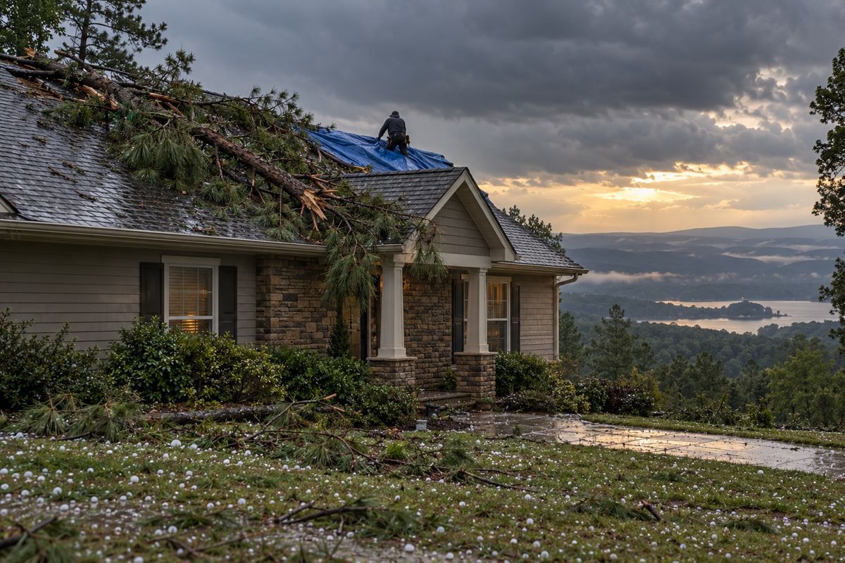 Blue tarp over storm damage on a roof with a fallen pine limb